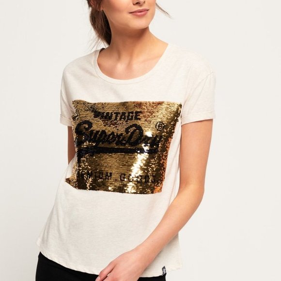 Superdry | SEQUIN SLIM BOYFRIEND T-SHIRT |  Sold out | Off White | Women's 8 | M - Picture 1 of 16